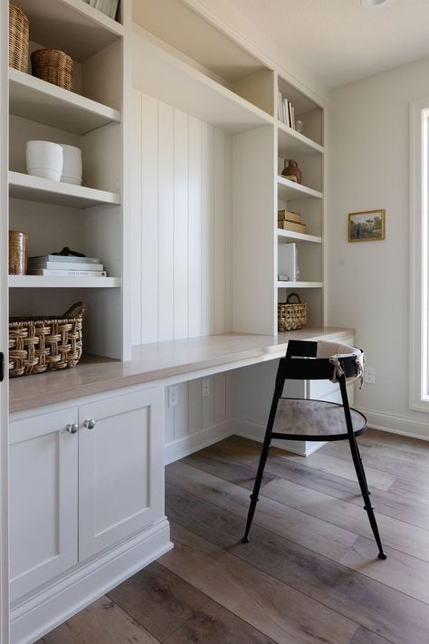 White Built In Office, Desk Flanked By Bookshelves, Built In Wall Desk And Shelves, Fitted Home Office, Desk Between Bookcases, Small Built In Office, Bedroom Built Ins With Desk, Wall Bookcase With Desk, Ikea Wall Unit With Desk