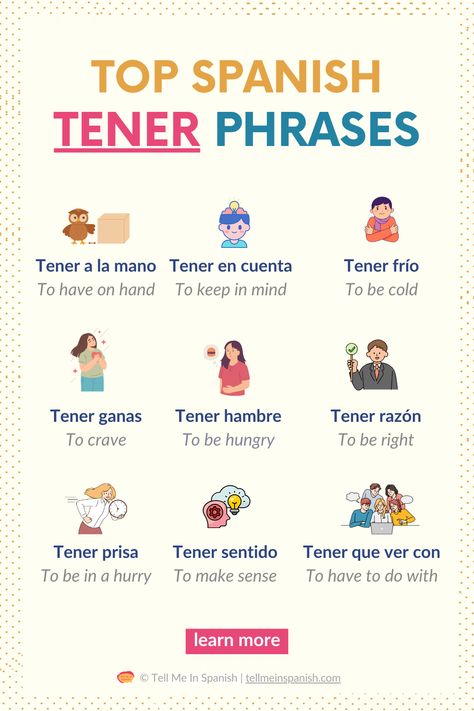 Expand your Spanish vocabulary with these essential Spanish phrases using the verb "tener"! This guide covers common expressions you'll use in daily conversations. Click to watch the video for examples of these phrases and more useful expressions to boost your Spanish skills today! Spanish Expressions Learning, Spanish Vocabulary List, Fluent Spanish, Conversational Spanish, Common Spanish Phrases, English To Spanish, Spanish Words For Beginners, Spanish Conversation, Learn Language