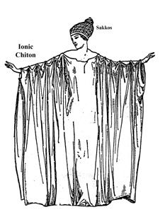 The Ionic Chiton was made of rectangular fabric and used many fibulas down the arms to make sleeves. Chiton Greek, Grecian Clothing, Ionic Chiton, Greek Chiton, Ancient Greek Dress, Ancient Greek Statues, Greece Costume, Ancient Greek Costumes, Ancient Greek Clothing