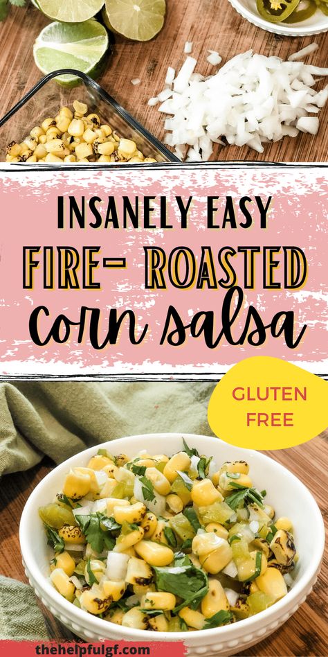 This insanely easy gluten free corn salsa recipe is a delicious chipotle copycat and is such an easy corn salsa to throw together! Made with only 5 ingredients, serve it with chips to make an easy gluten free appetizer, jazz up tacos or burritos, and enjoy this simple gluten free vegan recipe. | corn salsa | summer corn salsa | vegan | gluten free | side dish | game day | Fire Roasted Corn Dip, Peach Corn Salsa Recipe, Roasted Corn Salsa Recipe, Copycat Qdoba Corn Salsa, Roasted Chili Corn Salsa, Gluten Free Appetizer, Easy Corn Salsa, Football Food Appetizers, Roasted Corn Salsa