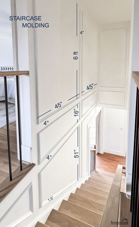 Stairs Along Wall, Grid Wall Staircase, Turned Staircase Ideas, Frame Molding Hallway, Staircase With Molding, Bedroom Frame Molding, Modern Interior Staircase, Picture Frame Molding 2 Story Foyer, Molding Staircase Wall