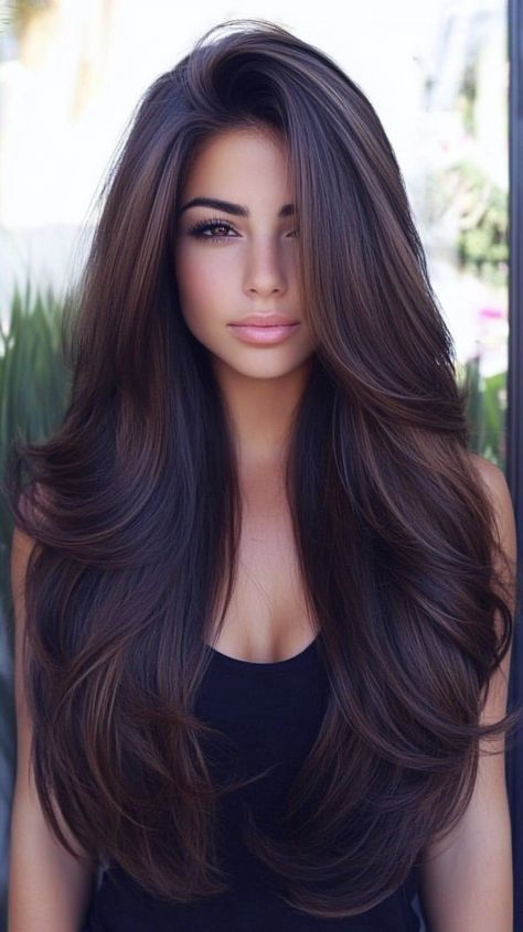 Layered Haircuts for Long Hair Long Layers U Shape, Long Brown Hair Extensions, Long Hair Haircut Ideas For Round Face, Extra Long Hair With Layers, U Shaped Layers, Dark Hair Inspiration, Straight Layered Haircuts, Long Hair Inspo, Long Hair With Layers