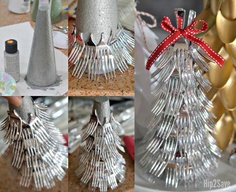 Here’s how to turn plastic spoons and forks into a festive and frugal Christmas Tree centerpiece with this EASY craft idea. Plastic Fork Christmas Tree, Plastic Fork Crafts, Spoon Decoration Ideas, Spoon Christmas Crafts, Spoon Christmas Tree, Plastic Spoon Art, Fork Crafts, Plastic Spoon Crafts, Spoon Craft