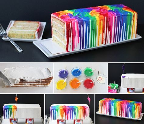 This Melted Rainbow Cake is Just Awesome Rainbow Cake Recipe, Color Cake, Pinata Cake, Rainbow Birthday Cake, Surprise Cake, Diy Desserts, Diy Rainbow, Cake Pictures, Baking Cupcakes