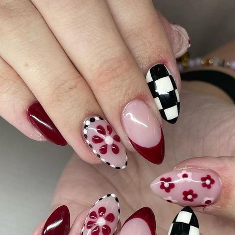 Hannah Leong on Instagram: "Some fun fall nails, love when clients get creative and come up with their nails!🖤 • • • #nailart #fallnails #nailsnailsnails #nailinspo #handpaintednailart #hanpolished #fallnailart #checkerednails" Fall Colorful Nails, Spooky Nail Ideas Short, Subtle Goth Nails, Fall Checkerboard Nails, Funky Nails Fall, X Short Nails, Fall Nails Checkered Design, Cute Trendy Nail Ideas, Fun Nail Ideas Creative