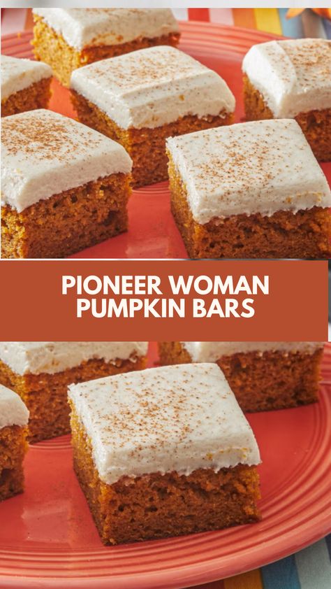 This easy Pioneer Woman Pumpkin Bars recipe is a delicious fall treat that’s perfect for any gathering. Made with creamy pumpkin puree and topped with spiced cream cheese frosting, these bars are quick to whip up using common ingredients. Enjoy the warm, cozy flavors that make these bars a must-try! Pumpkin Bars Recipes Easy, Pumpkin Bars With Pumpkin Pie Spice, Pumpkin Bar With Cream Cheese Frosting, Recipe For Pumpkin Bars With Cream Cheese Frosting, Pumpkin Bars Easy 2 Ingredients, Easy Pumpkin Cream Cheese Dessert, Moist Pumpkin Bars Recipe, Pioneer Woman Pumpkin Bars, Pauls Pumpkin Bars