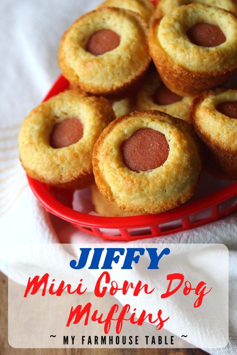 JIFFY Mini Corn Dog Muffins - My Farmhouse Table Jiffy Cornbread Recipes With Hotdogs, Corn Dog Muffins Easy, Cornbread And Hotdogs Mini Muffins, Mini Corn Dogs Muffins, Healthy Mini Corn Dogs, Jiffy Corn Dog Muffins, Jiffy Corn Muffin Mix Hot Dogs, Jiffy Cornbread Hot Dogs, Cornbread Hot Dogs Mini Muffins