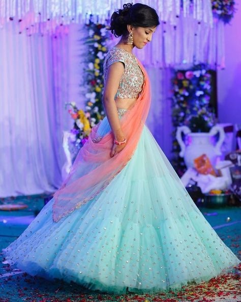 2,627 Likes, 44 Comments - Mrunalini Rao (@mrunaliniraodesign) on Instagram: “Client Aishwarya twirling perfect in Mrunalini Rao😍 #clientdiaries #mrunalinirao #mrunaliniraodesign” Sky Blue Lehenga, Mrunalini Rao, Wedding Reception Outfit, Reception Outfit, Half Saree Lehenga, Indian Princess, Lehnga Dress, Saree Lehenga, Blue Lehenga