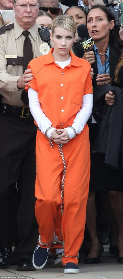 Ring leader? Emma Roberts, who plays Chanel Oberlin in the comedy-horror series, was the o... Prison Jumpsuit Women, Orange Jumpsuit Prison, Prison Outfit Women, Prison Fashion, Inmate Clothes, Prisoner Fancy Dress, Jail Outfit, Orange Prison Jumpsuit, Jail Uniform