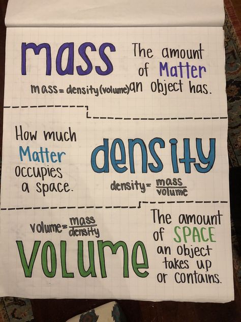 Science 8th Grade Notes, Chemistry Anchor Charts High Schools, Ged Science Notes, Grade 8 Science Notes, Physics Charts Ideas, Density Anchor Chart, 8th Grade Science Notes, Chemistry Chart Ideas, Density Notes