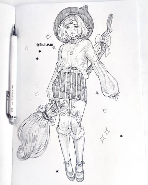 Yey next witch! ✨🌙⭐Next time I really want to draw one with some background like an old house or maybe some cute rustic patio *v* Quite a… Witch Poses Reference, Broomstick Drawing, Witch Poses Reference Drawings, Witch Poses, Toshiasan Art, Manga Witch, Witch Anime, Drawing Kawaii, Sketchbook Pencil