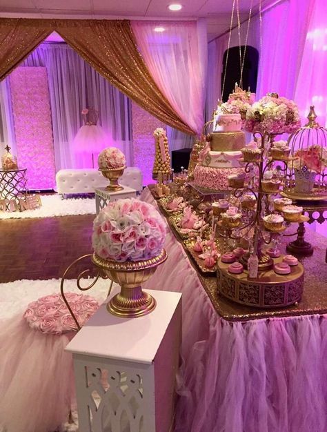 Gorgeous pink and gold princess birthday party! See more party planning ideas at CatchMyParty.com! Princess Birthday Party Ideas, Sweet 15 Party Ideas, Pink Sweet 16, Sweet 16 Themes, Debut Ideas, Quince Decorations, Sweet 16 Decorations, Quinceanera Decorations, Quinceanera Themes