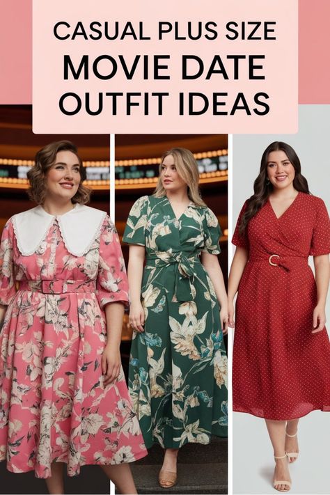 Casual plus size outfit ideas for a movie date featuring women in floral and polka dot dresses. Date Outfit Ideas Aesthetic, Plus Size Movie Date Outfit, Movie Date Outfit Ideas, Movie Date Outfit, Movie Date Outfits, Your Next Movie, Date Outfit Ideas, Movie Date, Outfit Ideas Aesthetic