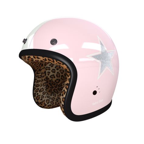 Leopard Retro Star Check this out! My very personal #helmade design on helmade.com :https://www.helmade.com/en/helmdesign-bandit-ece-jet-leopard-motorcycle-helmet-retro-star.html Girly Motorcycle Helmets, Cute Motorcycle Helmets, Scooter Accessories, Aesthetic Helmet, Cute Helmet, Pink Motorcycle Helmet, Cute Bike Helmet, Vespa Helmet, Motorcycle Helmet