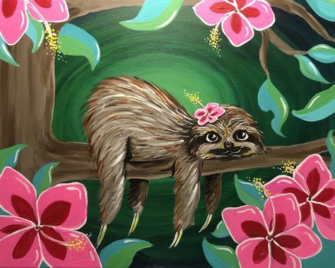 Sloth Painting, Pinots Palette, Tropical Animals, Pink Hibiscus, Cute Sloth, Pet Rocks, Paint And Sip, Art Painting Acrylic, Gouache Painting