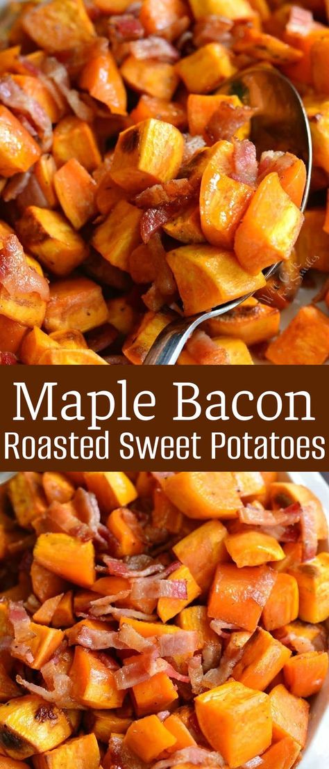 Simple, sweet and salty side dish that’s perfect for any dinner gathering. These roasted sweet potatoes are baked with maple syrup and bacon grease and then mixed with crispy bacon. Potato Bacon Recipes, Turkey Potato, Brown Sugar Sweet Potatoes, Scalloped Sweet Potatoes, Sweet Potato Bacon, Food Rocks, Maple Sweet Potatoes, Oven Roasted Sweet Potatoes, Bacon Seasoning