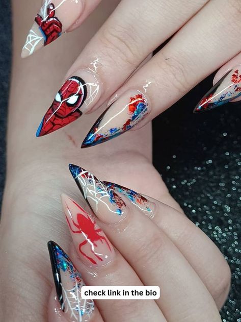 Spiderman Nails Spidey And His Amazing Friends Nails, Spiderverse Nails Designs, Spider Gwen Nails Acrylic, Spiderpunk Nails, Into The Spiderverse Nails, Nail Art Designs Spiderman, Spiderman Themed Nails, Nail Ideas Spiderman, Gel Nails Spiderman