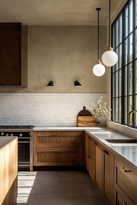 Long Kitchen One Wall, Modern Old Kitchen, Wood Grain Tile Kitchen, French Mediterranean Kitchen, Kitchen Design Mediterranean, Modern Cottage Kitchen Ideas, Midcentury Kitchen Ideas, French Apartment Kitchen, Spanish Style Kitchen Ideas