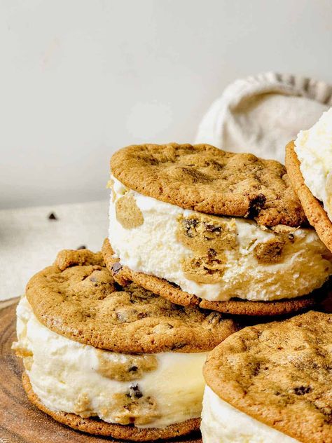 I'll walk you through making homemade Cookie Ice Cream Sandwiches. Perfect for hot summer days! Enjoy vanilla ice cream with brown butter cookie dough pieces between soft chocolate chip cookies. Cookie Ice Cream Sandwiches, Vanilla Ice Cream Sandwich, Homemade Cookie Dough, Butter Cookie Dough, Brown Butter Cookies, Cookie Ice Cream, Homemade Cookie, Cookie Dough Ice Cream, Ice Cream Cookie Sandwich