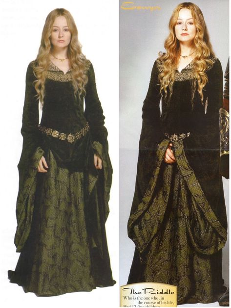 Eowyn Green Dress, Lotr Costume Female, Eowyn Outfit, Celtic Clothing Women, Arwen Outfit, Lord Of The Rings Inspired Outfits, Ciri Dress, Eowyn Aesthetic, Medieval Inspired Outfits