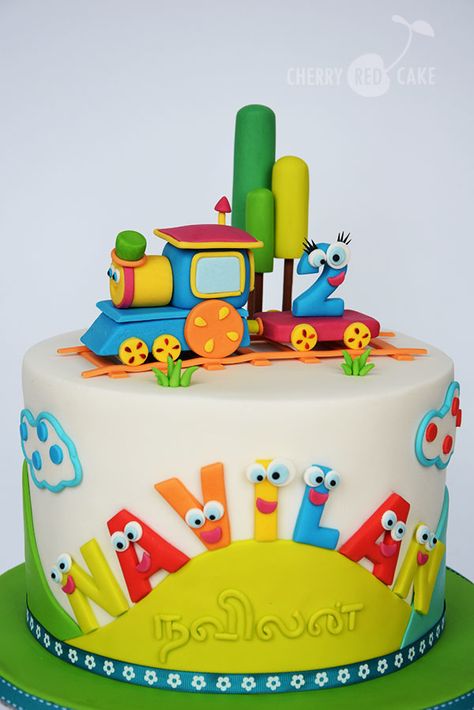 A colourful cake for a little boy, with his favourite character Bob the Train. Fondant Letters, Train Birthday Cake, Cake Designs For Kids, Baby Boy Birthday Cake, Train Cake, Red Cake, 1st Birthday Cakes, Baby Boy Cakes, Baby Birthday Cakes