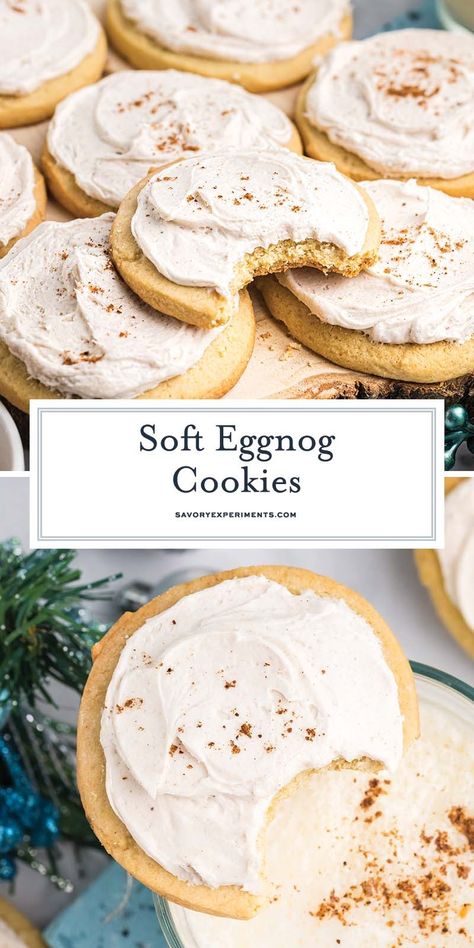 Eggnog Cookies are soft, chewy and and full of holidays flavors. They have eggnog mixed into the cookies and frosting!  #christmascookies #holidaycookies #eggnogcookies www.savoryexperiments.com Eggnog Gingerbread Cookies, Eggnog Cookies Easy, Egg Nog Baking Recipes, Eggnog Sugar Cookies, Eggnog Cookies Recipe, Fall Cake Mix Cookies, Eggnog Recipes Baking, Egg Nog Desserts Recipes, Egg Nog Cookies