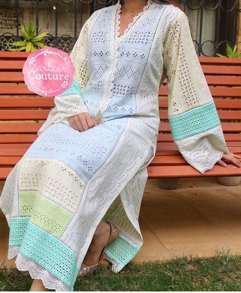 Chicken Kurti Designs Latest, Suits Couture, Chicken Fabric, Chicken Kari, Chicken Dress, Cutwork Lace, Pakistani Party Wear Dresses, Kaftan Designs, Lace Dress Design