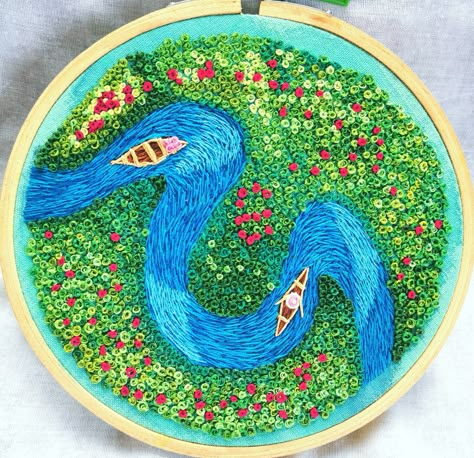 River embroidery, hoop embroidery, boat in a river, landscape Anger Outlet, Embroidery Portfolio, Embroidery Drawing, Silhouette Embroidery, Landscape Embroidery, Fondant Flower Tutorial, Embroidery Hoop Art Diy, Embroidery Frame, Embroidery Lessons