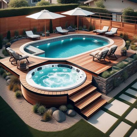 38 Small Backyard Pool Ideas: Maximizing Your Outdoor Oasis » HomeDecorFull Garden Swimming Pool Ideas, Hot Tub Pool Ideas Backyard, I Ground Pools, Above Ground Pool With Hot Tub, Pool Off Deck, Outdoor Oasis Backyard With Pool, Pool And Hot Tub Backyard, Outdoor Swimming Pool Designs, Swim Spa Backyard Ideas