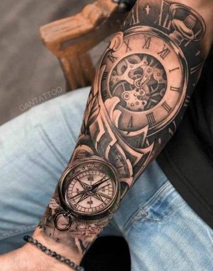 Clock And Compass Tattoo, Clock Tattoo Sleeve, Nautical Compass Tattoo, Compass Tattoo Men, Nautical Tattoo Sleeve, Watch Tattoo Design, Gear Tattoo, Masculine Tattoos, Scale Tattoo