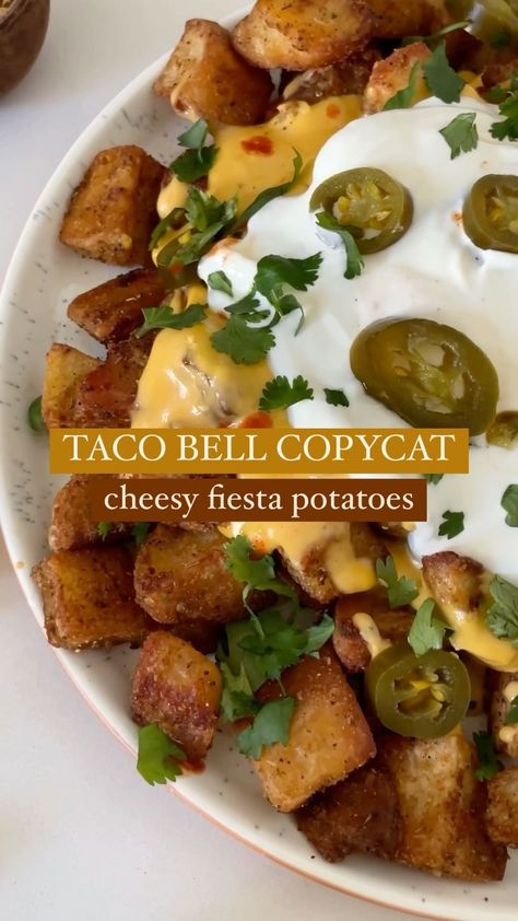 moribyan on Instagram: Finishing off the series strong with Taco Bell’s cheesy fiesta potatoes! Do we want the nacho cheese recipe next?! Recipe is up on the blog… Taco Bell Fiesta Potatoes Recipe, Loaded Potato Bowl, Cheesy Fiesta Potatoes, Nacho Cheese Recipe, Fiesta Potatoes, Nachos Cheese Recipe, Dinner Vegetarian, Nacho Cheese, Easy Family Dinners