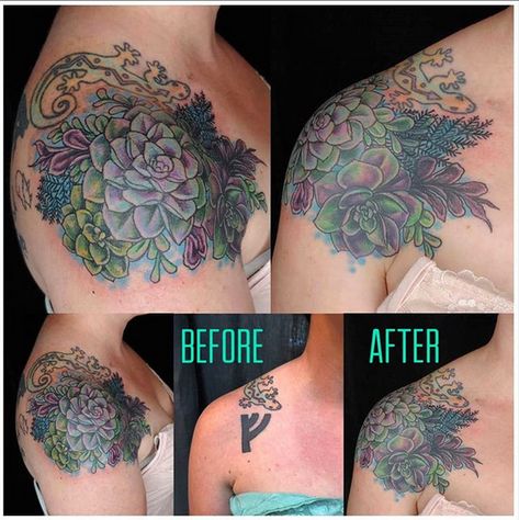 Succulent Cover Up Tattoo, Succulent Shoulder Cap Tattoo, Succulent Shoulder Tattoo, Watercolor Tattoo Coverup, Succulent Tattoos, Succulent Tattoo, Shoulder Cap Tattoo, Tattoo Board, Tattoo Flowers