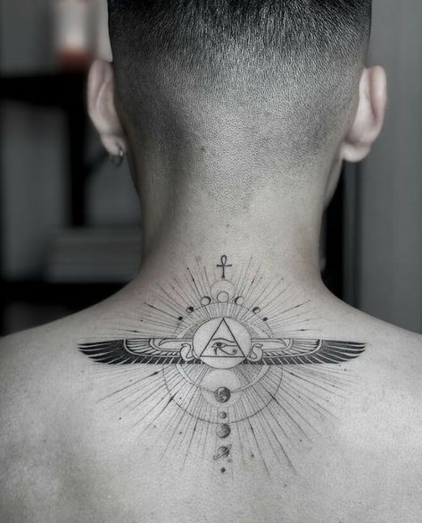 Egyptian Inspiring Tattoo Ideas Man Back Neck Tattoo Men, 3rd Eye Tattoo, Back Of Neck Tattoo Men, Back Neck Tattoo, Back Tattoos For Guys Upper, Neck Tattoo Men, Best Neck Tattoos, Small Back Tattoos, Back Of Neck Tattoo