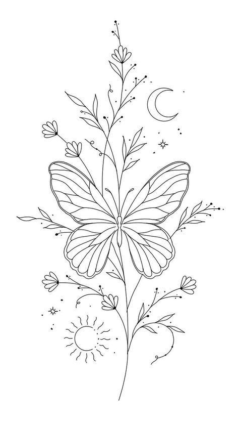 Big Tattoo Stencils For Women, Thigh Tattoos Women Outline, Butterfly Floral Tattoo Design, Butterfly Flower Tattoo Stencil, Best Tattoo Stencils, Butterfly Kisses Tattoo, Tattoo Outline Designs, Flower And Butterfly Drawing, Sleeve Stencils Tattoo Designs