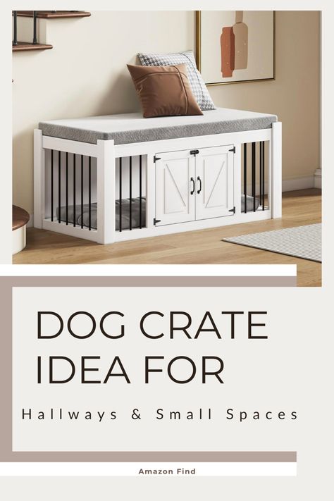 This multi-function dog crate end-bench combines elegance and practicality. This unique furniture doubles as a comfortable seating area and a secure pet area, effectively utilizing your living space. Affilate link #dogcrates #dogroomideas #entrywaybench #entryway #dogmom #functional #dogstuff Indoor Dog Crate, Wooden Dog Kennels, Dog Bench, Pet Area, Aesthetic Dog, Dog Crates, Dog Crate Furniture, End Of Bed Bench, Wooden Dog