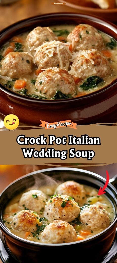 Crock Pot Italian Wedding Soup Crock Pot Italian Wedding Soup, Italian Wedding Soup Crock Pot, Crockpot Italian Wedding Soup, Crock Pot Italian, Crockpot Foods, Juicy Meatballs, Tuscan Soup, Wedding Soup, Italian Meatballs