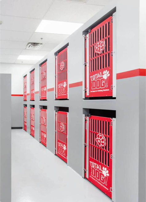 Row of double stacked kennels built into a wall. Red kennel gates have a custom logo that says: "Total Dog! Dog Training Solutions" With a paw print engraved into them. The gates are slotted at the top to provide ventilation and visualization into each kennel. Paw print tags are attached to each gate to number the kennels. These kennels are numbered 1-10. Dog Boarding Ideas, Custom Dog Kennel, Boarding Kennels, Dog Boarding Kennels, Daycare Facility, Dog Kennel Designs, Kennel Ideas, Shelter Ideas, Tv Lg