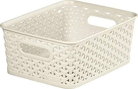 Curver My Style Small Rectangular Storage Basket, Vintage White, 4 Litre : Amazon.co.uk: Home & Kitchen Small Storage Basket, Birthday Basket, Rectangular Baskets, Stationary Items, White Baskets, Basket Vintage, Desk Tray, Basket Organization, Basket Shelves