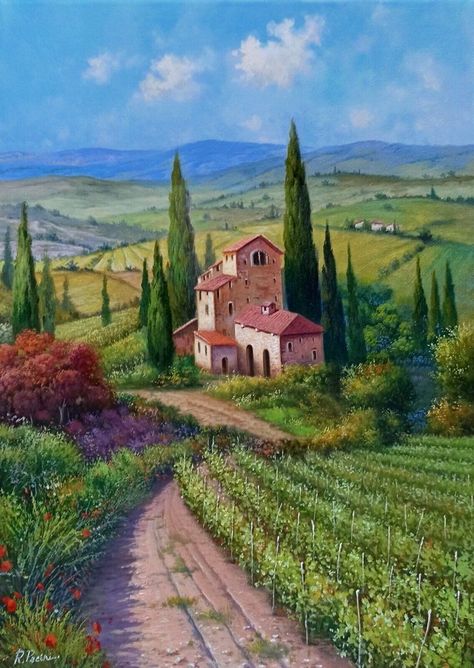 Tuscany Landscape Painting, Tuscan Painting, Tuscan Art, Children Painting, Tuscany Landscape, Mediterranean Art, Tuscan Landscaping, Valley Landscape, Italian Paintings