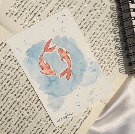 Koi Fish Watercolor Easy, Coy Fish Watercolor Painting, Watercolour Inspo Easy, Coi Fish Watercolor Painting, Aesthetic Watercolour Painting Easy, Coy Fish Watercolor, Watercolour Postcard Ideas, Water Coloring Painting Ideas Beginner, Fish Watercolor Painting Easy