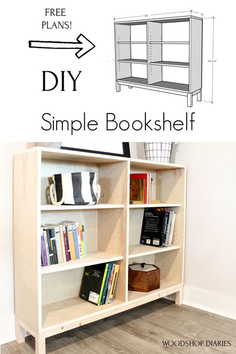 Build a simple little bookshelf with these free building plans! Made from a single sheet of plywood and has adjustable shelving, this is perfect for a kid's room shelf, a home office shelf, or just a shelf for cookbooks in the kitchen. SUPER easy to build and a great beginner project! How to build a simple bookshelf Plywood Bookshelf, Diy Bookshelf Plans, Bookshelf Diy, Simple Bookshelf, Free Building Plans, Plywood Projects, Bookshelf Plans, Bookshelf Design, Bookshelves Diy