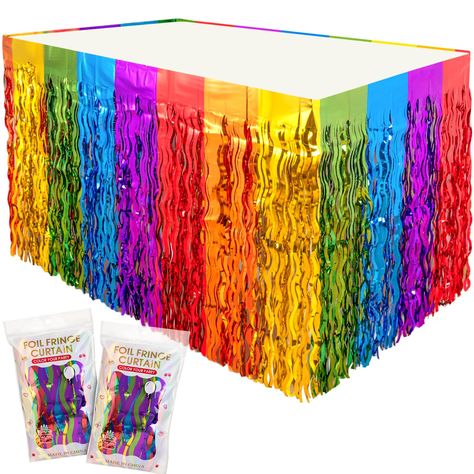 PRICES MAY VARY. VIBRANT RAINBOW TABLE SKIRTS : The metallic foil tassel table skirt is decorated by the rainbow themed color. Perfect for birthday decorations, wedding table decorations, and other special occasions. Add a pop of color to your event with our easy to install, self-adhesive rainbow party decorations HIGH-QUALITY TINSEL MATERIAL : These rainbow wave metallic foil tassel table skirts are fullness, sturdy and eye-catching. The rainbow party supplies come in a pack of 2, each measurin Rainbow Birthday Decorations, Wavy Rainbow, Wedding Rainbow, Fringe Table, Rainbow Table, Rainbow Party Supplies, Table Skirts, Rainbow Party Decorations, Table Skirt