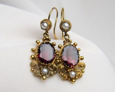 “Garnet & Pearl Earrings | Circa 1860 Isadora's Antiques” Gold Earing, Fantasy Ball, Queens Jewels, The Bling Ring, Antique Silver Jewelry, Garnet Jewelry, Fancy Jewellery, Ancient Jewelry, Garnet Earrings