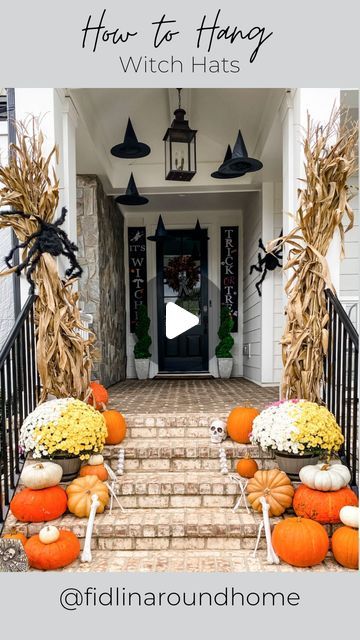 Marissa Lynn Fidler on Instagram: "The easiest way to create a ✨ magical ✨ porch for your trick-or-treaters this Halloween?! 🧙‍♀️   FLOATING WITCH HATS!! And here’s how to hang them!! 👇🏻   SAVE so you can reference when you do your decorating 👏🏻🕷️💀  1) Pole a hole at the top of the hat with a knife or scissors   2) Weave fishing wire through the hole and tie to secure   3) Last, using a step ladder (and a tall husband helps 😂) use command hooks, strong tape, or a staple gun to adhere to the ceiling! They’ll be secure for the entirety of the season 👏🏻  Note: we use a staple gun because we’re putting them on our outdoor porch and I don’t care about poking a few hole through my porch ceiling…HOWEVER, for those who care about their ceilings…use command hooks 😂  SHOP my witch hats, h Floating Witch Hats, Floating Witch, Carve Pumpkins, Porch Ceiling, 2024 Halloween, Witch Hats, Hat Decoration, Halloween Goodies, Command Hooks