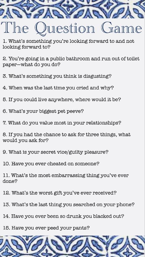 The question game is a game designed to spark conversation between friends. The game first starts off with someone asking the other player to choose a number (1-#). The first person then asks the player the question that corresponds to that number. Find out all the tea about your friends with this game of truth and of course, gossip! Choose A Number Questions Game, Gossip Questions, Juicy Questions To Ask Your Friends, Stream Quotes, Conversation Between Two Friends, The Question Game, 21 Questions Game, Juicy Questions, Romantic Home Dates