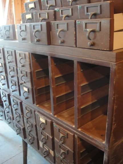 1893 Victorian Farmhouse: Library Card Files Recycled and Installed Library Card Catalog Cabinet Repurposed, Farmhouse Library, Library Card Catalog Cabinet, Card Catalog Cabinet, File Cabinet Makeover, Library Card Catalog, Apothecary Decor, Victorian Farmhouse, Card Catalog