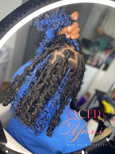 Butterfly Locs With Color Blue, Invisible Locs With Peekaboo, Blue And Black Butterfly Locs, Butterfly Locs Blue, Blue Faux Locs, Butterfly Locs With Color, Faux Locs Short, Butterfly Locks, Black Kids Braids Hairstyles