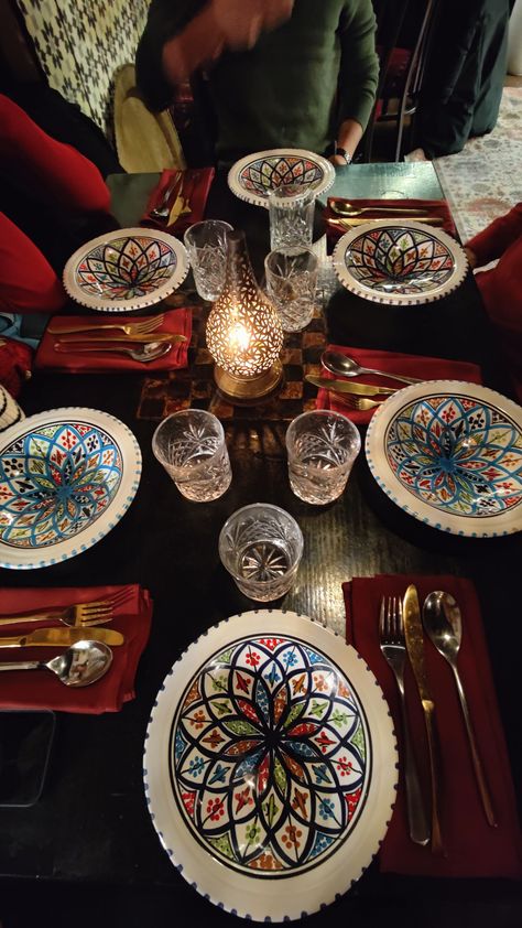 Moroccan dishware, dinner night, restaurant vibes, table set up, pov, cutlery, lamp, crystal glass Restaurant Vibes, Night Restaurant, Restaurant Lamp, Moroccan Restaurant, Dinner Night, Table Set Up, Table Set, Fine Dining, Crystal Glass