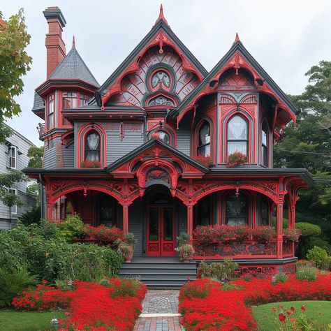 Ruby Red and Dove Grey for Bold and Striking House Colours • 333+ Images • [ArtFacade] Red And Black Exterior House, Exterior House Colors Victorian, Red House Aesthetic, Red And Black House, Black Pink House, Calm Paintings, Sims Exterior, Grey Gardens House, Classic Home Exterior