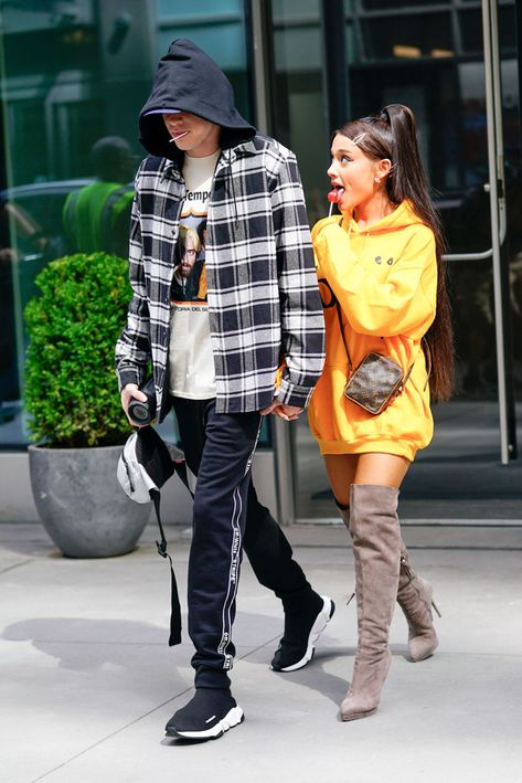 Ariana Grande, yellow hoodie, stuart weitzman, thigh-highs Ariana Grande Cover, Ariana Grande Tattoo, Pete Davidson, Ariana Grande Outfits, Walking Down The Street, Ariana Grande Style, Yellow Hoodie, Hailey Baldwin, Couple Halloween